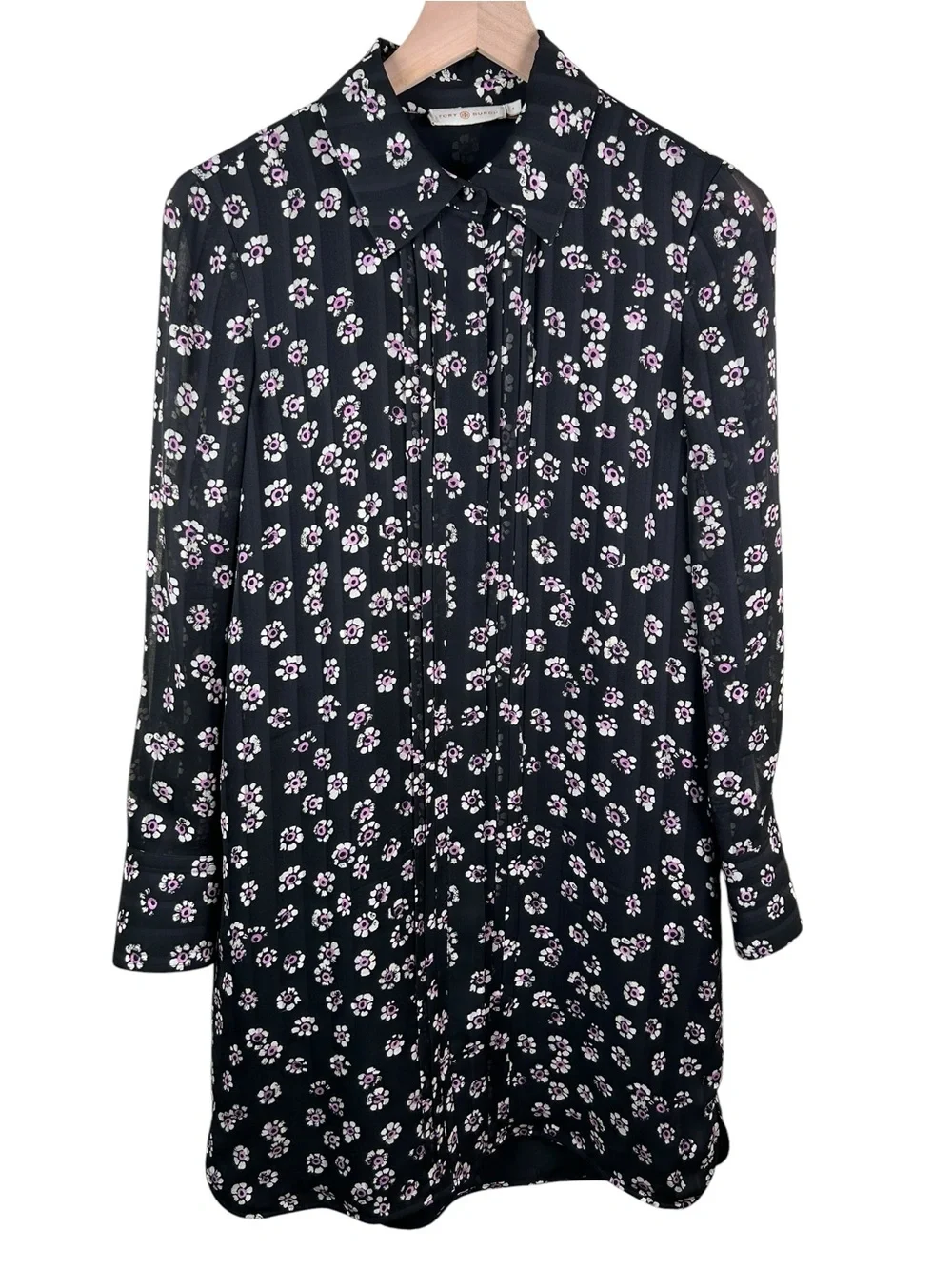 TORY‎ BURCH Avery Silk Floral Mini Shirt Dress Black Pink Size 4 Preppy Resort